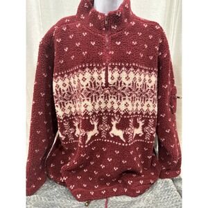VTG Cherokee Womens Fair Isle Reindeer Sherpa Fleece quart Zip Pullover Burgundy